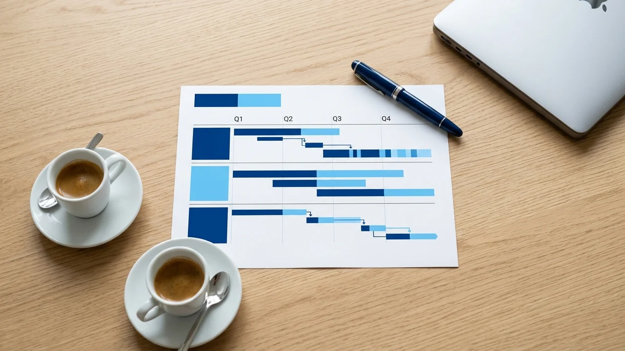 Table de réunion claire avec un plan d'action imprimé, un stylo et deux tasses, vue du dessus