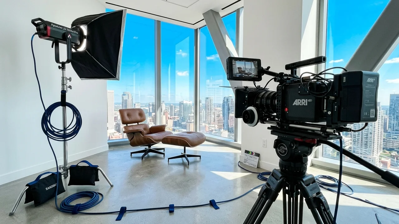 Caméra sur trépied dans un bureau lumineux, prête pour une interview, sans personne
