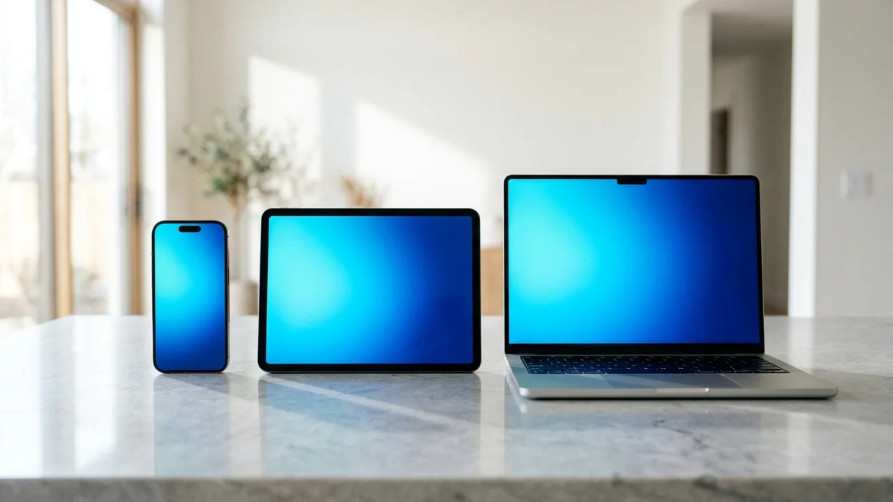 Smartphone, tablette et ordinateur portable alignés sur une surface claire, écrans bleu uni
