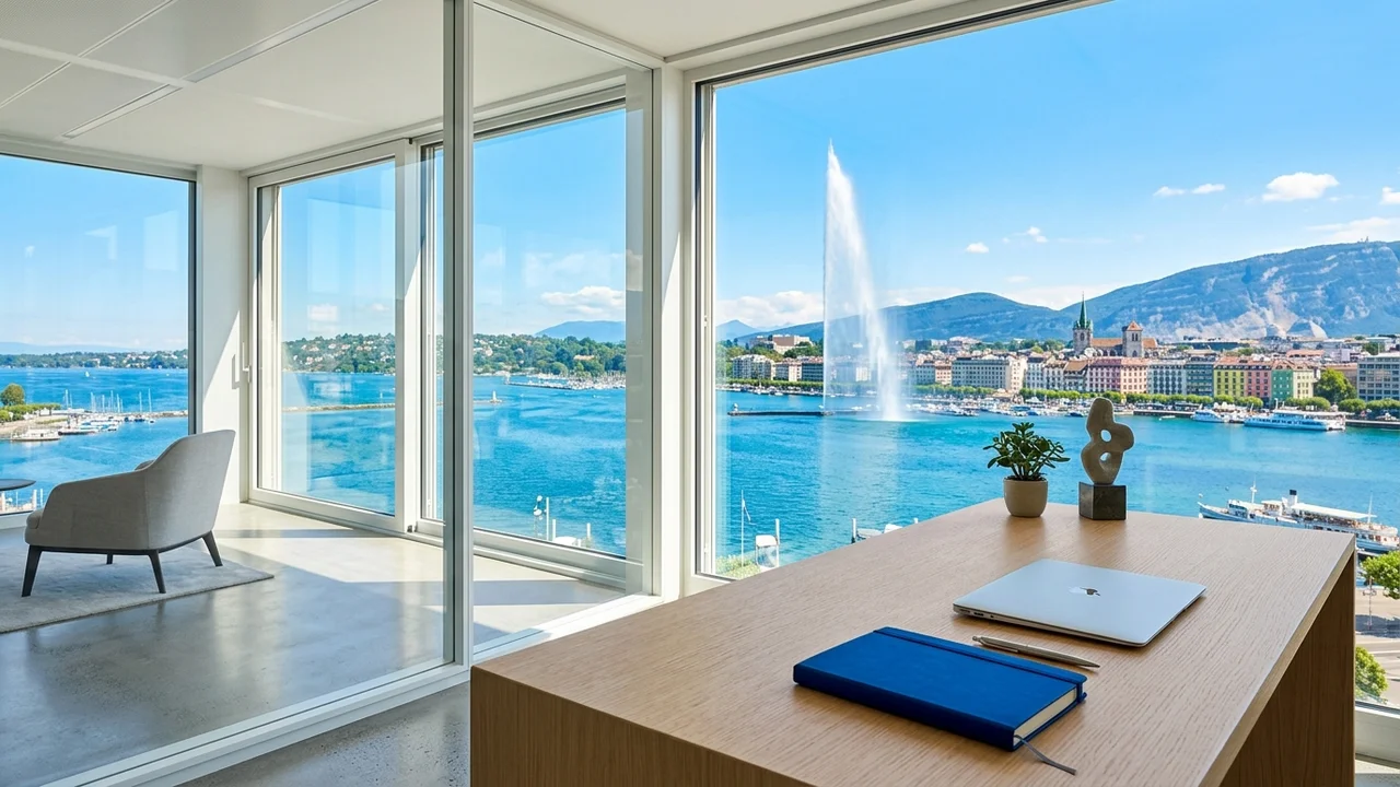 Vue du lac Léman et du Jet d'Eau depuis un bureau moderne à Genève