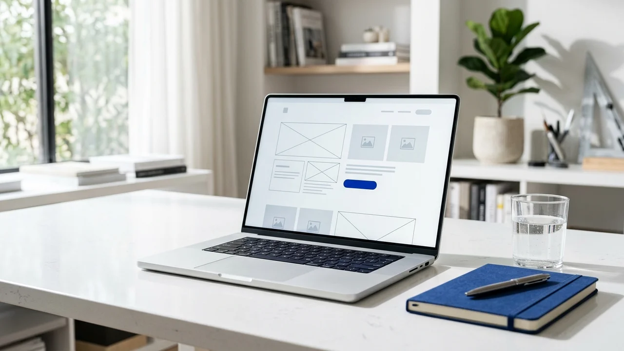 Ordinateur portable ouvert sur un site web épuré, sur un bureau blanc